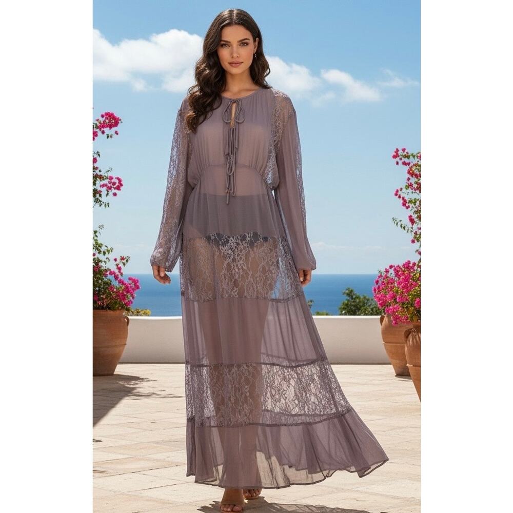 ASOS DESIGN long sleeve maxi dress sheer panels lace trim beach cover up sz‎ 6